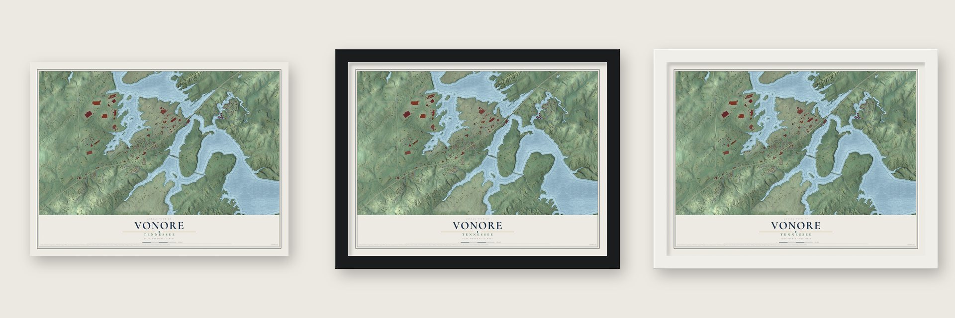 Vonore, Tennessee map unframed, in a black wood frame and in a white wood frame