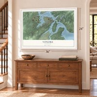 Vonore, Tennessee map, 24 x 36 inch print in a white frame above a dresser by a staircase