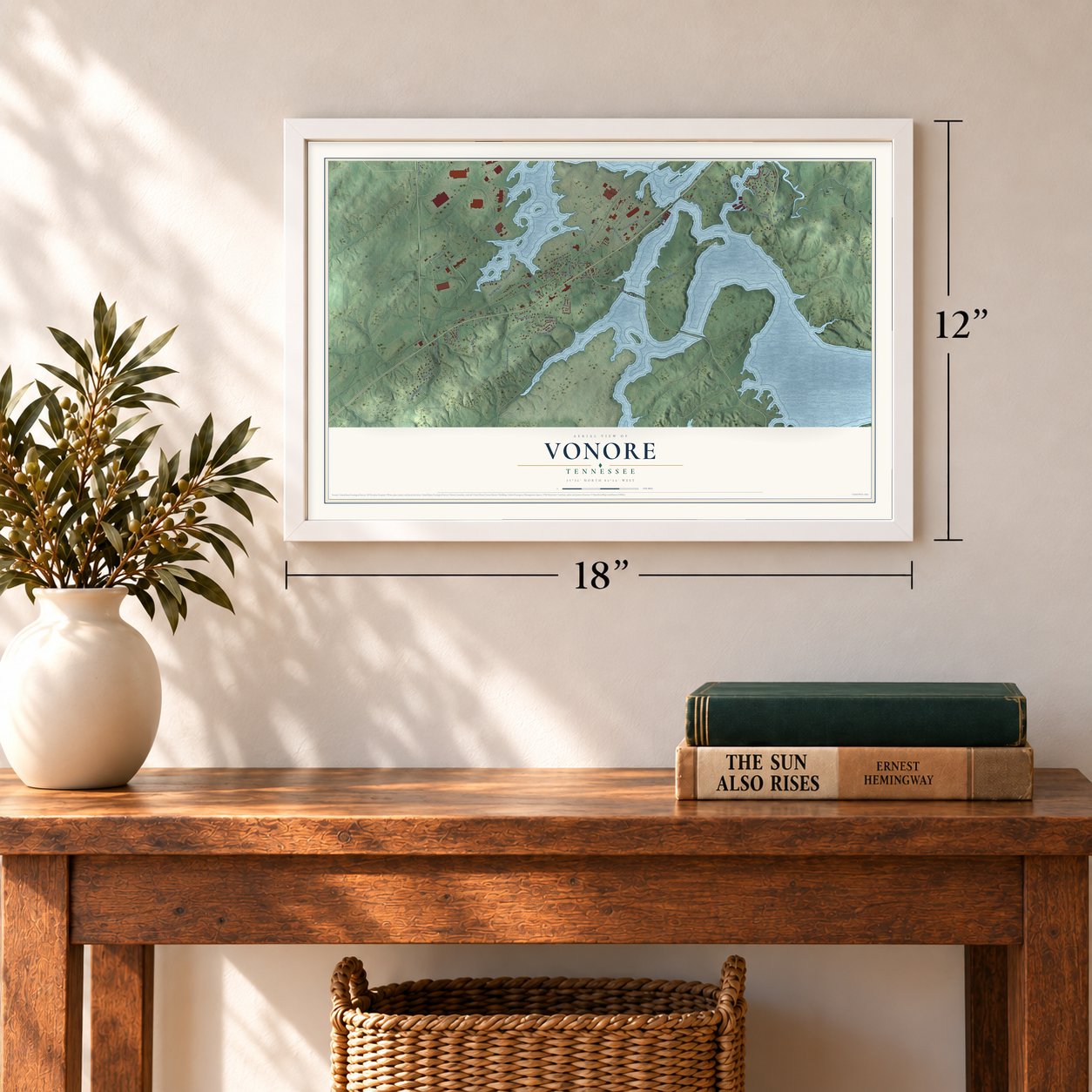 Vonore, Tennessee map, 12 x 18 inch print in a white frame in an entryway