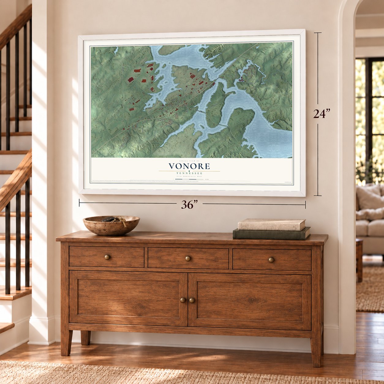 Vonore, Tennessee map, 24 x 36 inch print in a white frame above a dresser by a staircase