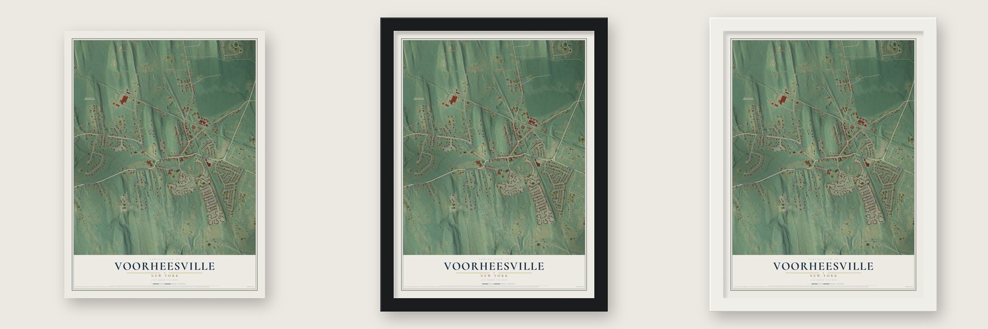 Voorheesville, New York map unframed, in a black wood frame and in a white wood frame