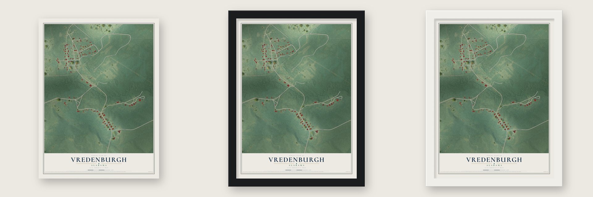 Vredenburgh, Alabama map unframed, in a black wood frame and in a white wood frame