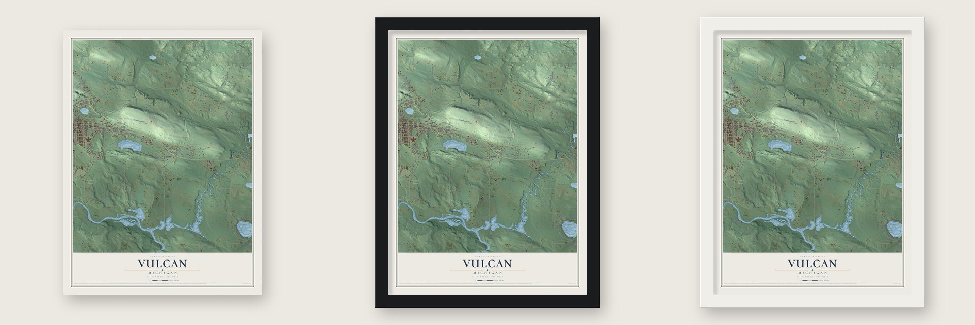 Vulcan, Michigan map unframed, in a black wood frame and in a white wood frame