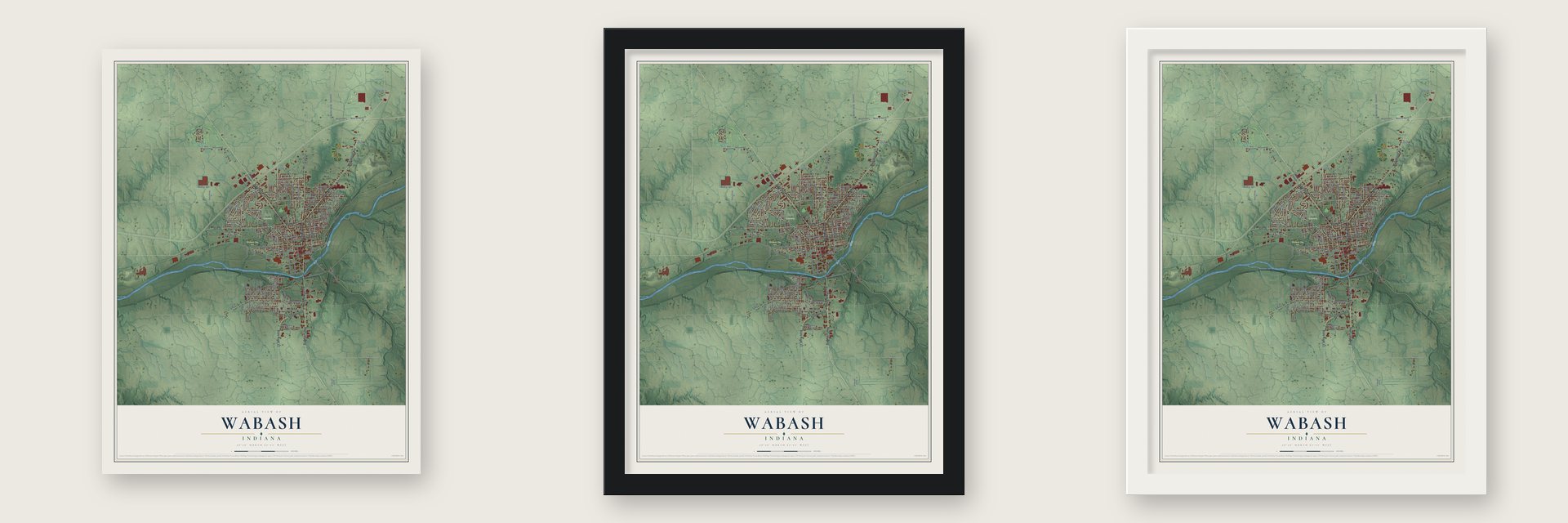 Wabash, Indiana map unframed, in a black wood frame and in a white wood frame