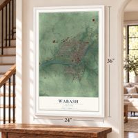 Wabash, Indiana map, 24 x 36 inch print in a white frame by a staircase