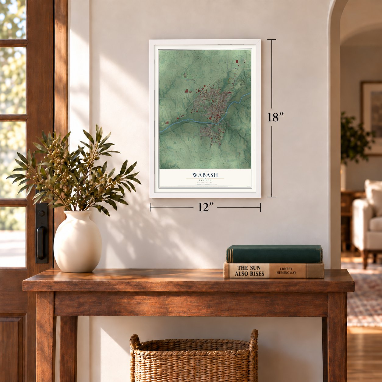 Wabash, Indiana map, 12 x 18 inch print in a white frame in an entryway
