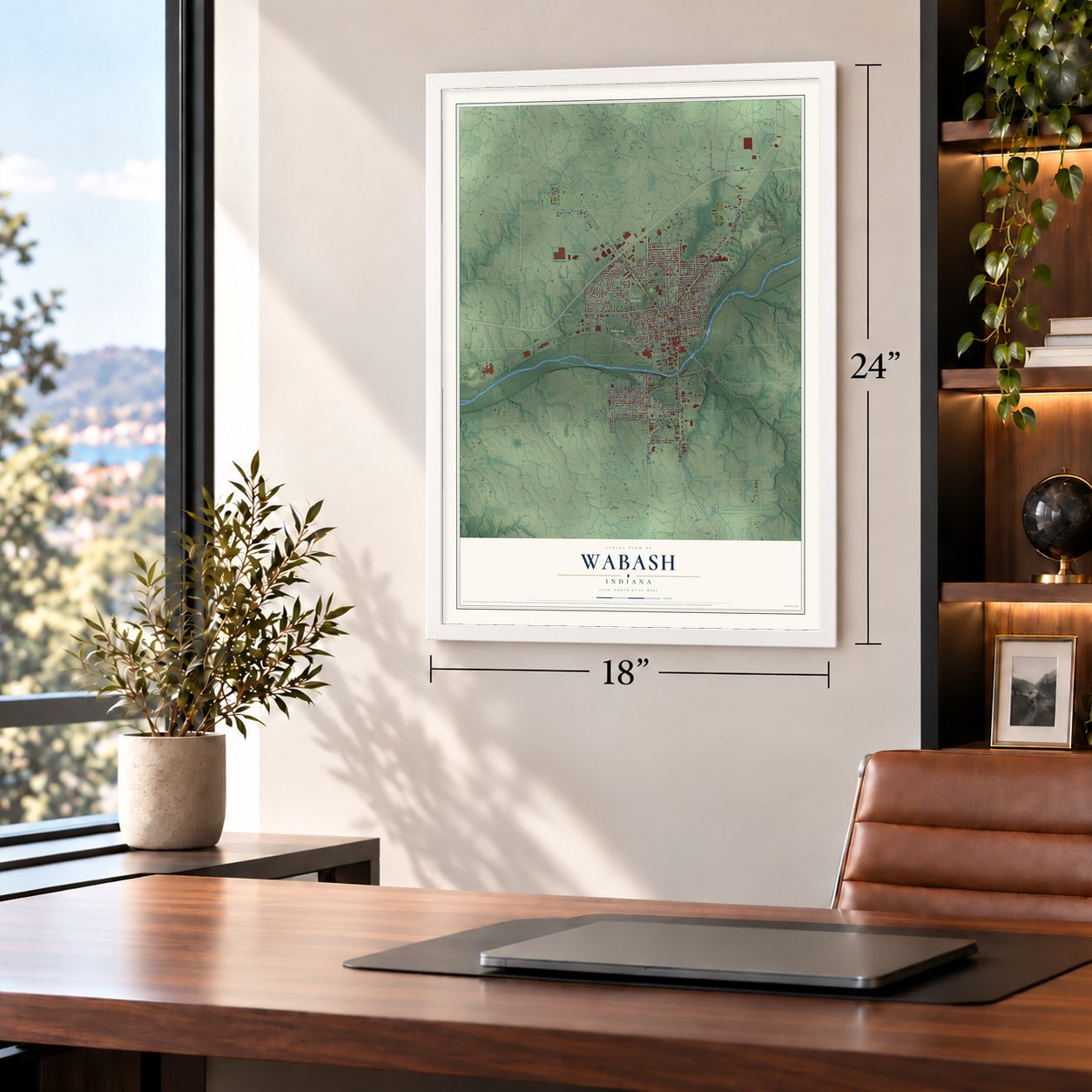 Wabash, Indiana map, 18 x 24 inch print in a white frame in a home office