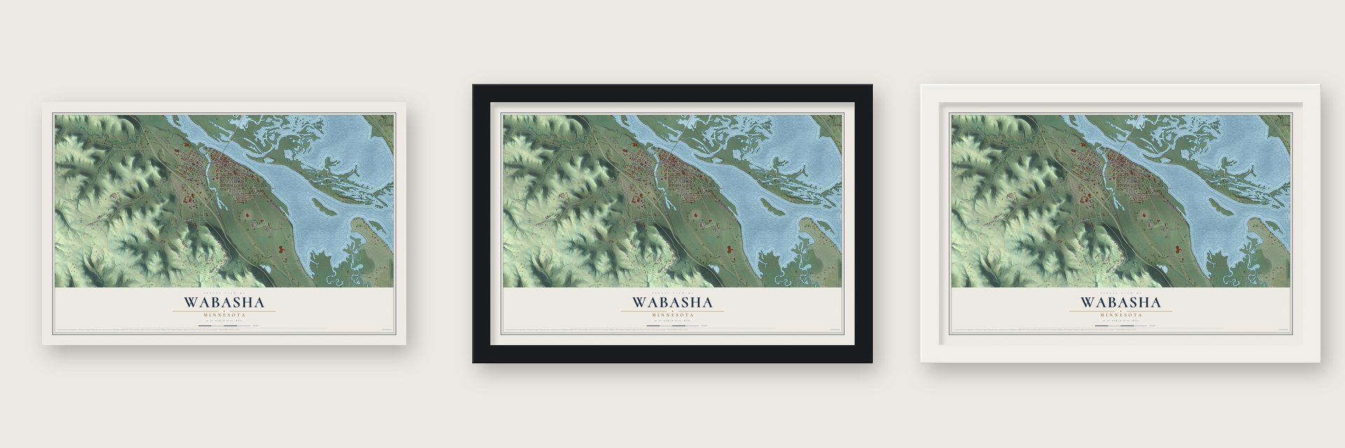 Wabasha, Minnesota map unframed, in a black wood frame and in a white wood frame