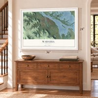 Wabasha, Minnesota map, 24 x 36 inch print in a white frame above a dresser by a staircase