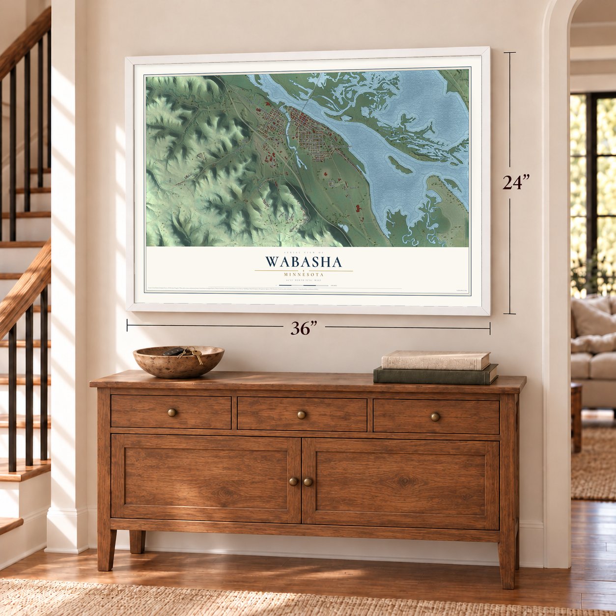 Wabasha, Minnesota map, 24 x 36 inch print in a white frame above a dresser by a staircase