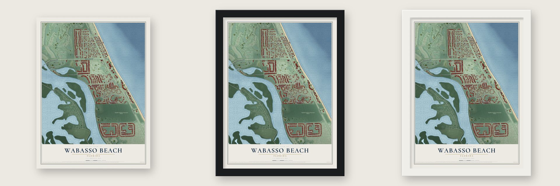Wabasso Beach, Florida map unframed, in a black wood frame and in a white wood frame