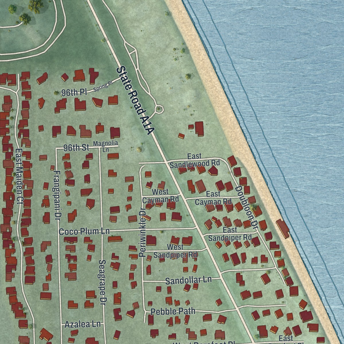 Second close-up of the map of Wabasso Beach, Florida print showing more streets and buildings