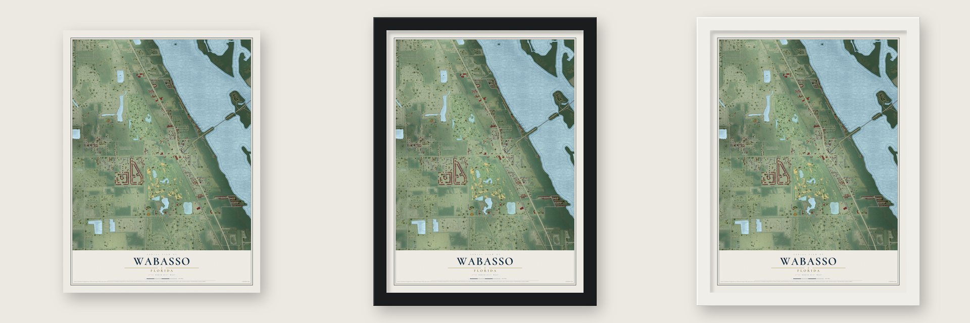 Wabasso, Florida map unframed, in a black wood frame and in a white wood frame