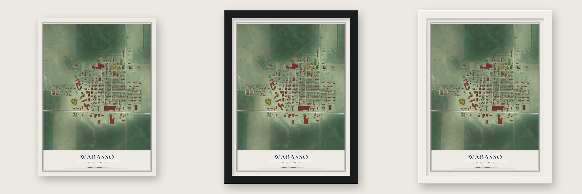 Wabasso, Minnesota map unframed, in a black wood frame and in a white wood frame