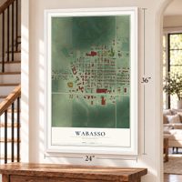 Wabasso, Minnesota map, 24 x 36 inch print in a white frame by a staircase