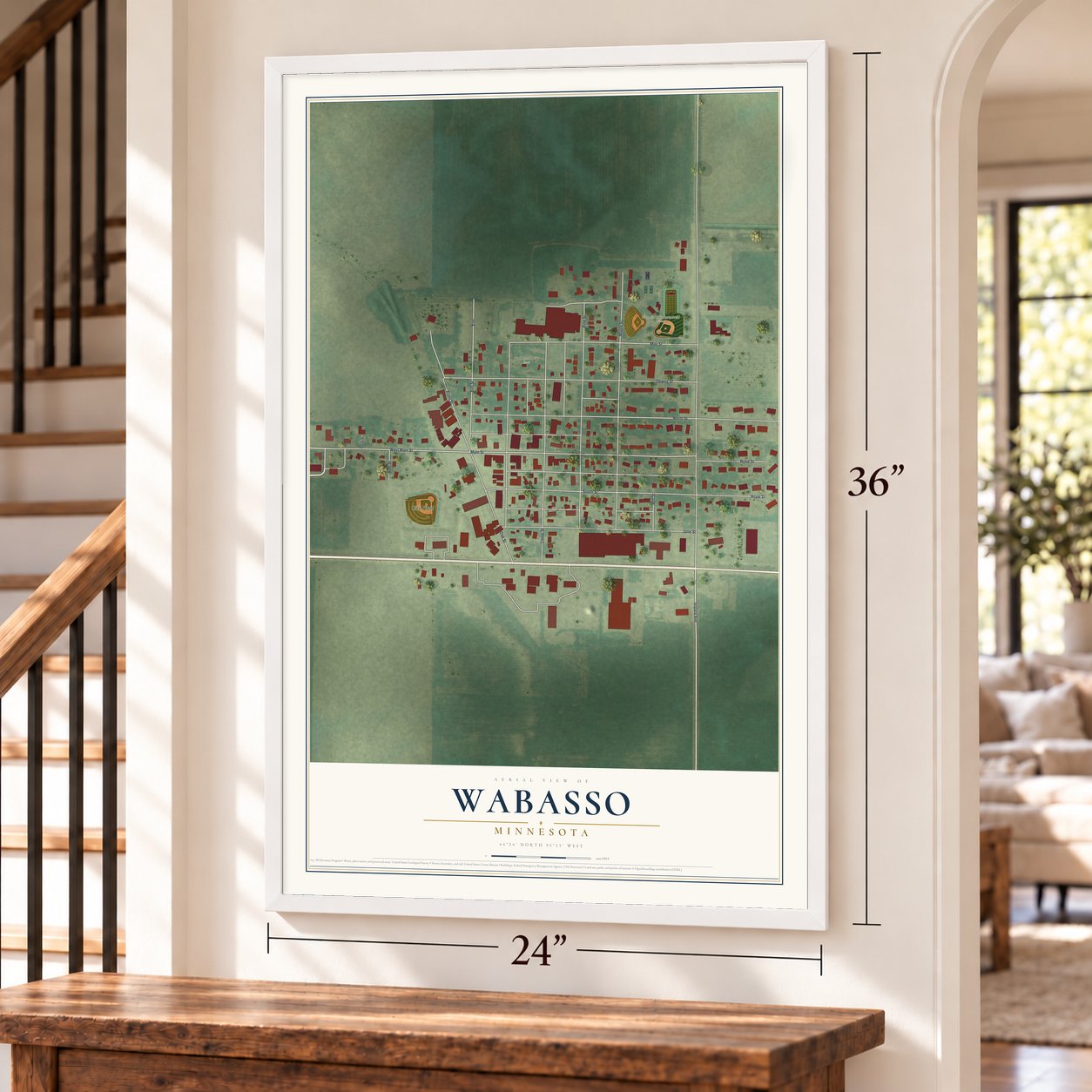 Wabasso, Minnesota map, 24 x 36 inch print in a white frame by a staircase