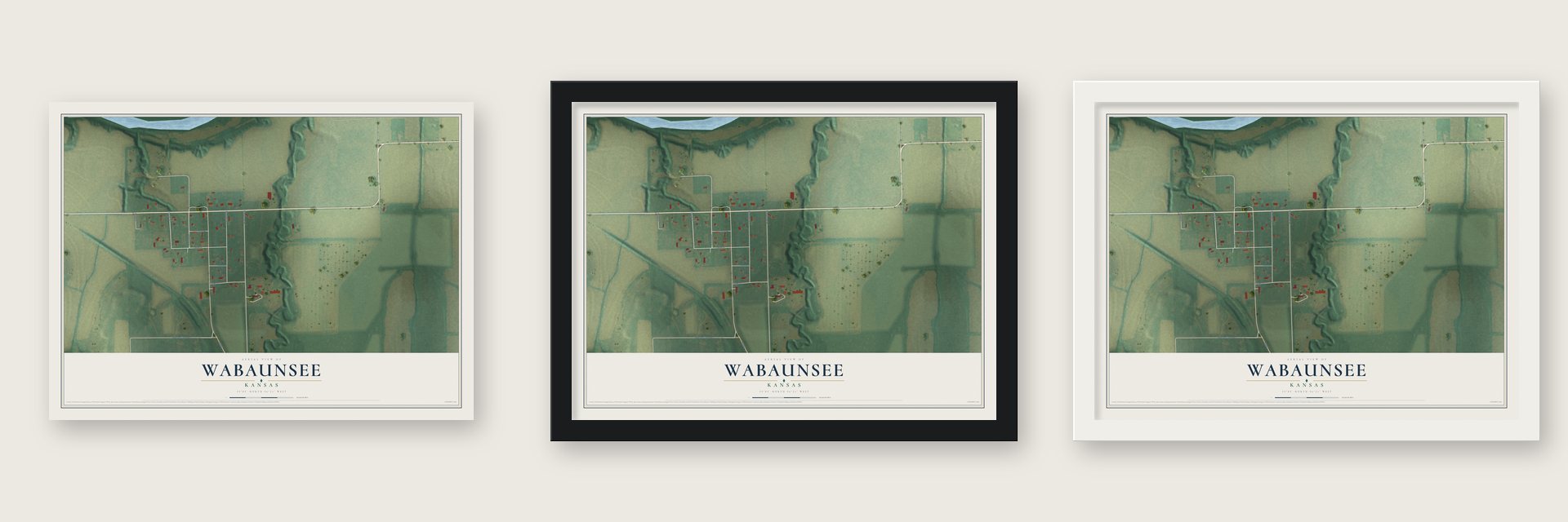 Wabaunsee, Kansas map unframed, in a black wood frame and in a white wood frame
