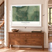 Wabaunsee, Kansas map, 24 x 36 inch print in a white frame above a dresser by a staircase