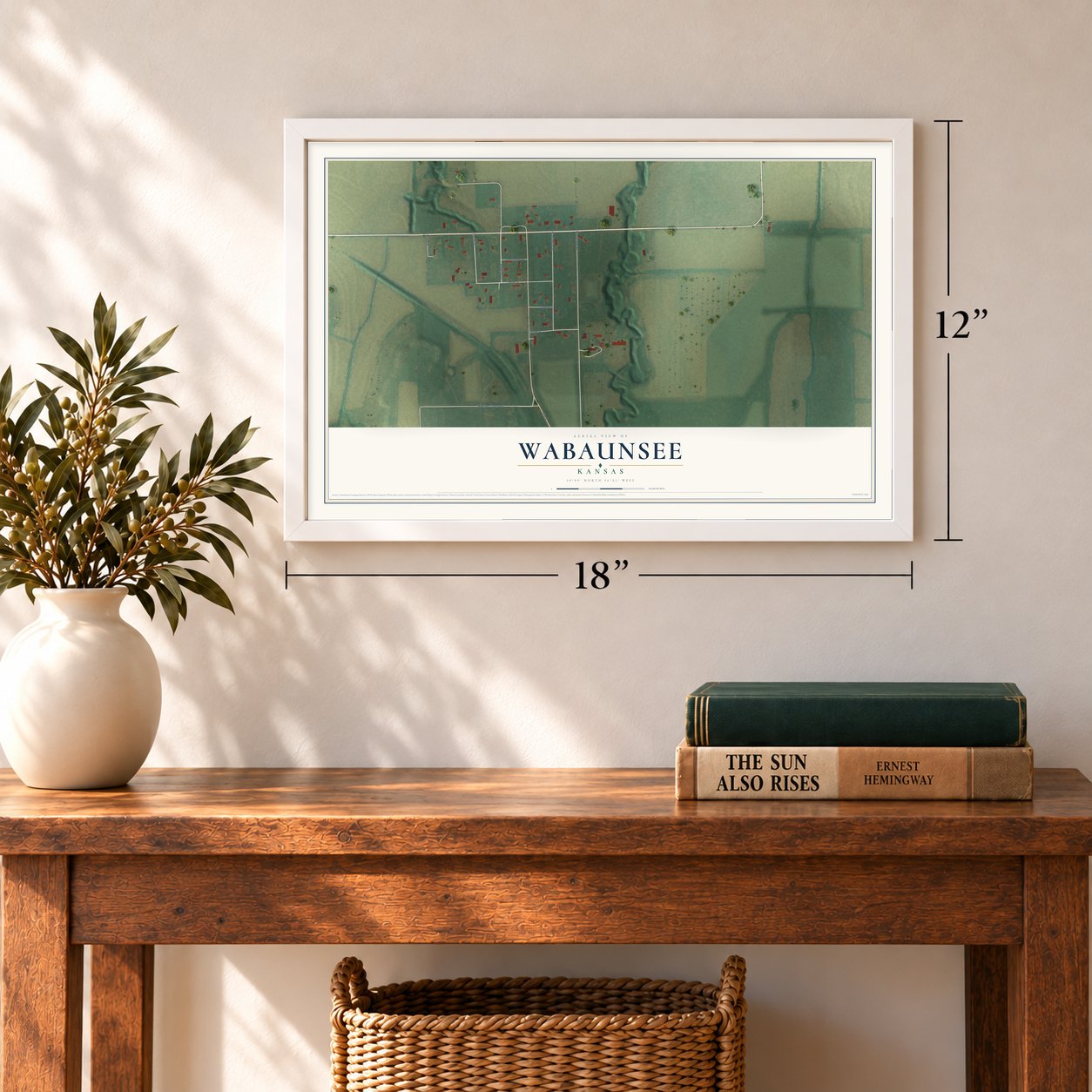 Wabaunsee, Kansas map, 12 x 18 inch print in a white frame in an entryway
