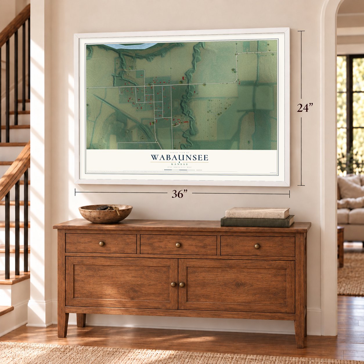 Wabaunsee, Kansas map, 24 x 36 inch print in a white frame above a dresser by a staircase