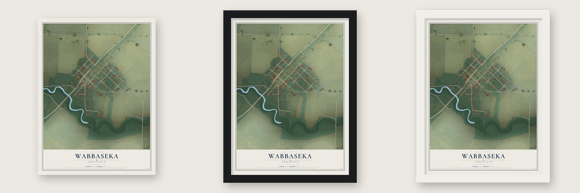 Wabbaseka, Arkansas map unframed, in a black wood frame and in a white wood frame
