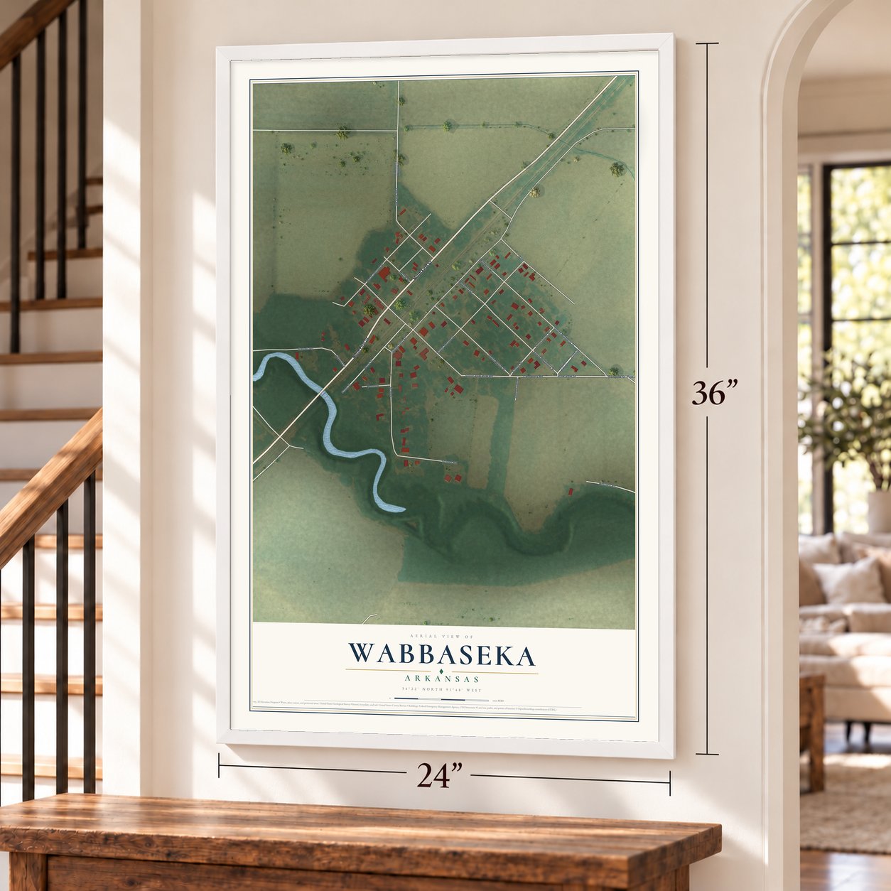 Wabbaseka, Arkansas map, 24 x 36 inch print in a white frame by a staircase