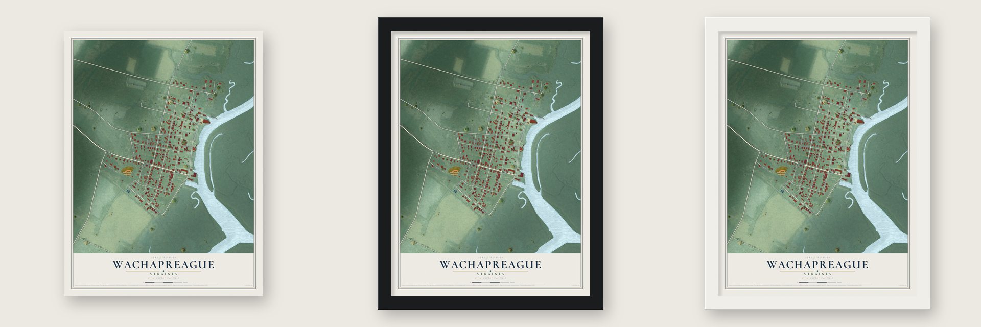 Wachapreague, Virginia map unframed, in a black wood frame and in a white wood frame