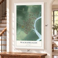 Wachapreague, Virginia map, 24 x 36 inch print in a white frame by a staircase