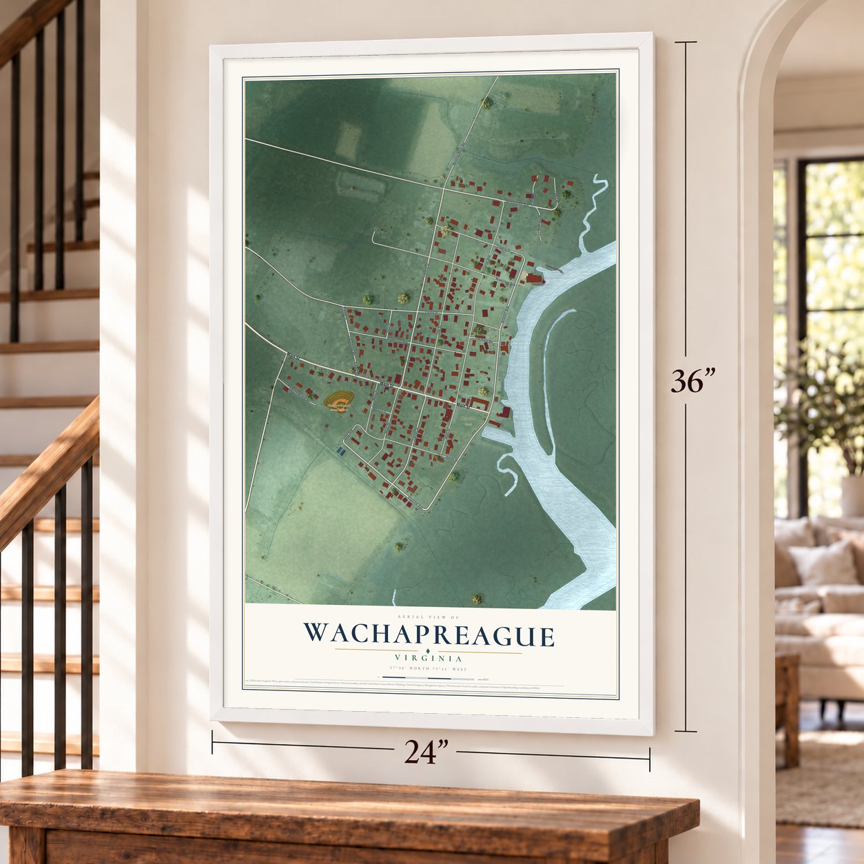 Wachapreague, Virginia map, 24 x 36 inch print in a white frame by a staircase