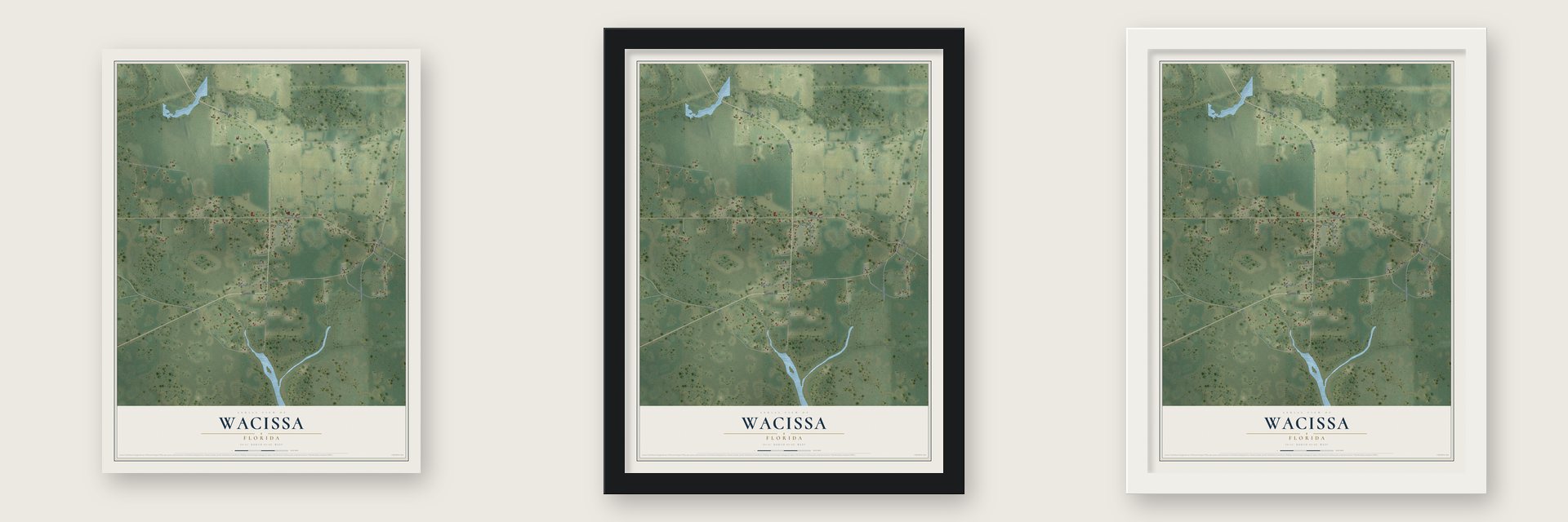 Wacissa, Florida map unframed, in a black wood frame and in a white wood frame