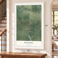 Wacissa, Florida map, 24 x 36 inch print in a white frame by a staircase