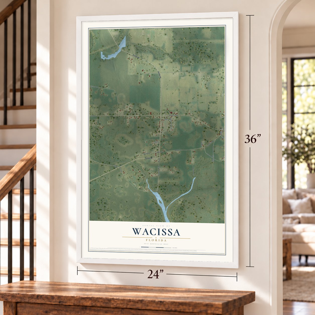 Wacissa, Florida map, 24 x 36 inch print in a white frame by a staircase