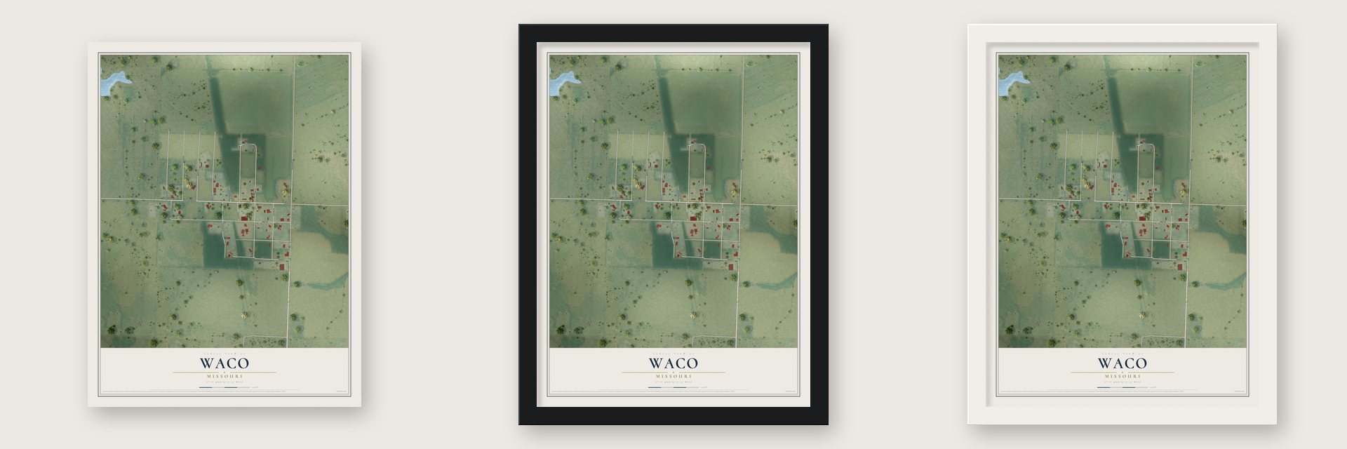 Waco, Missouri map unframed, in a black wood frame and in a white wood frame