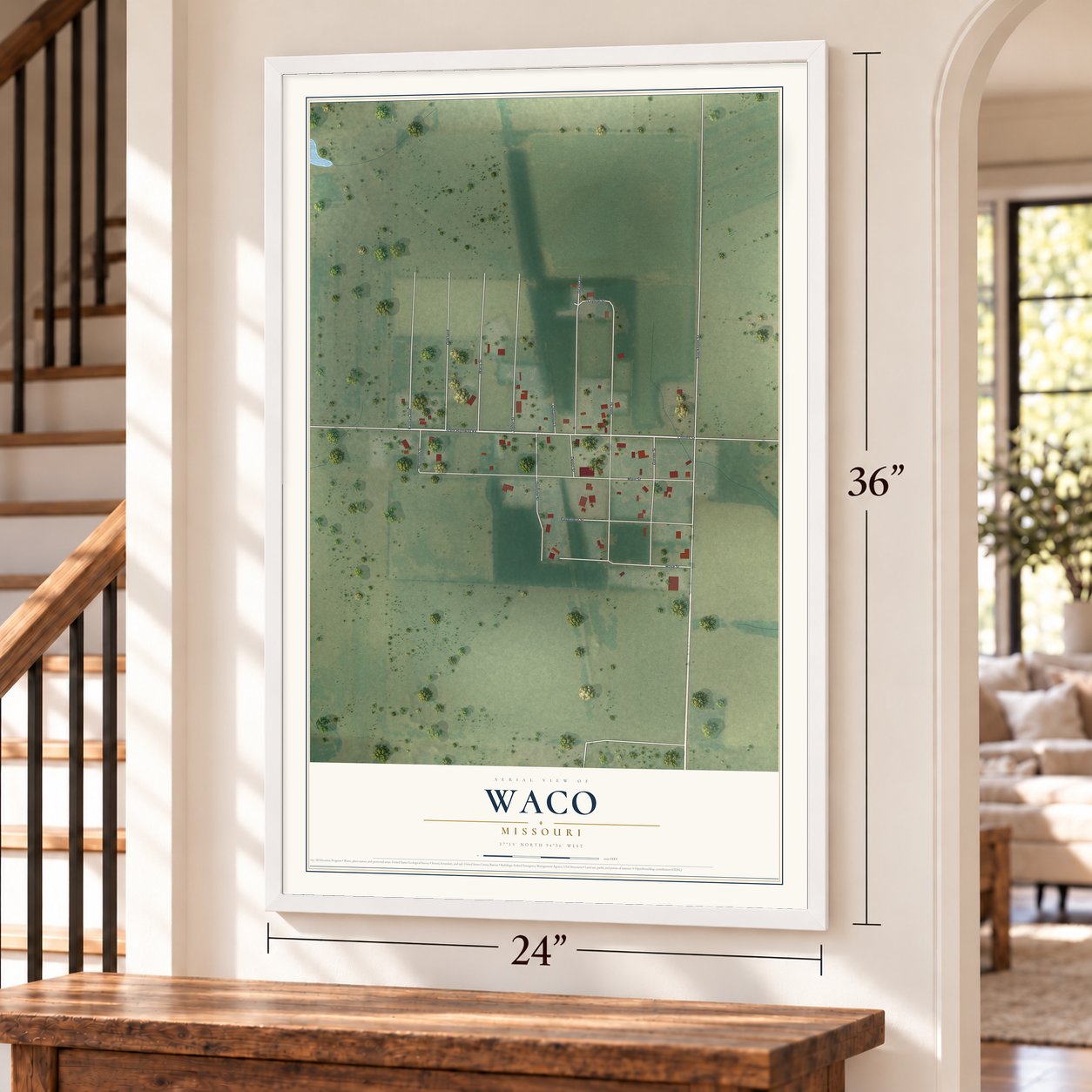 Waco, Missouri map, 24 x 36 inch print in a white frame by a staircase