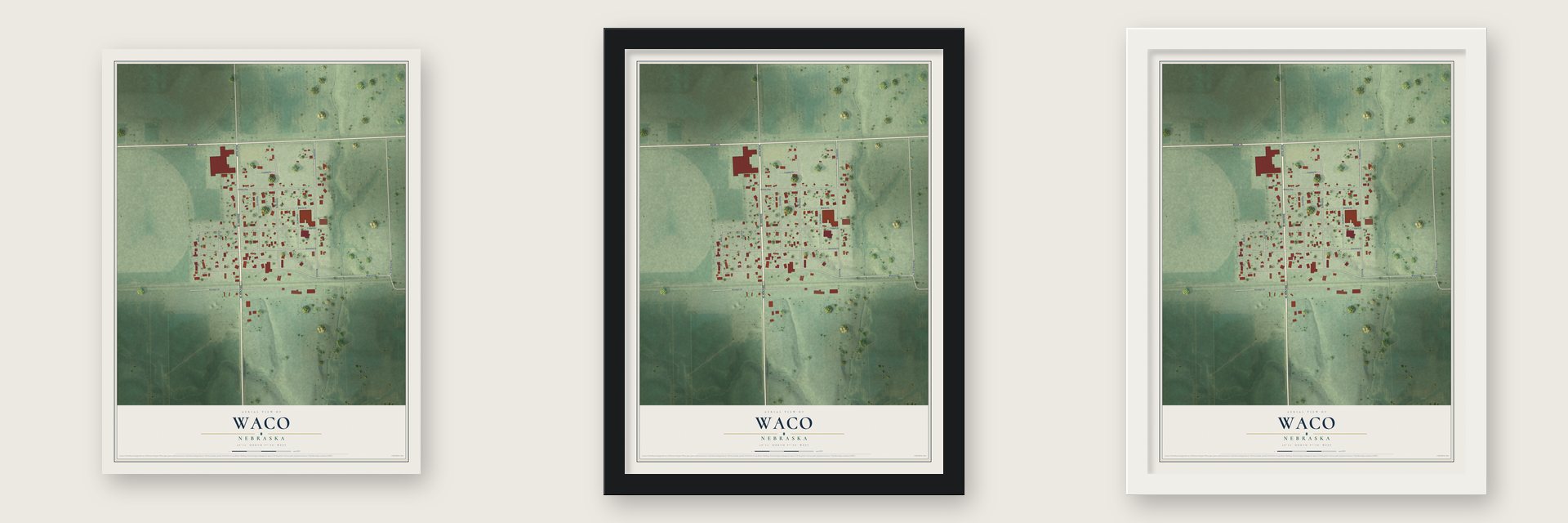 Waco, Nebraska map unframed, in a black wood frame and in a white wood frame