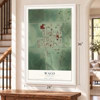 Waco, Nebraska map, 24 x 36 inch print in a white frame by a staircase