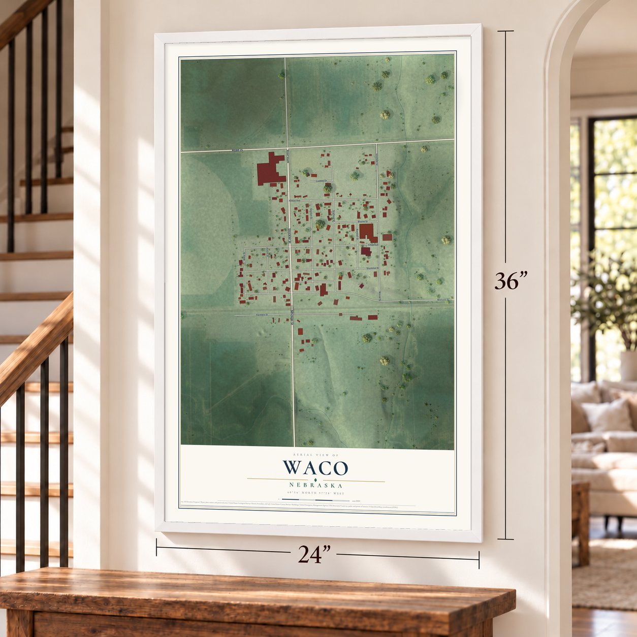 Waco, Nebraska map, 24 x 36 inch print in a white frame by a staircase