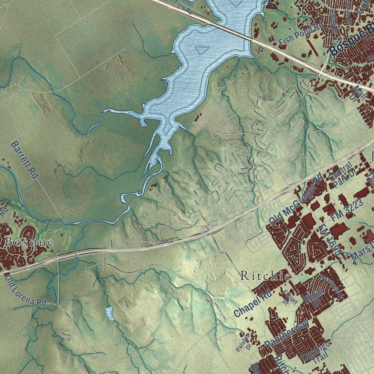 Second close-up of the map of Waco, Texas print showing more streets and buildings