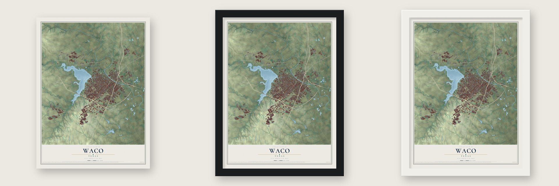 Waco, Texas map unframed, in a black wood frame and in a white wood frame