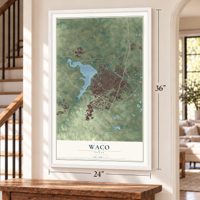 Waco, Texas map, 24 x 36 inch print in a white frame by a staircase