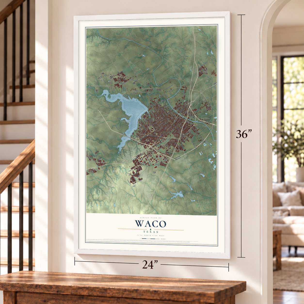Waco, Texas map, 24 x 36 inch print in a white frame by a staircase