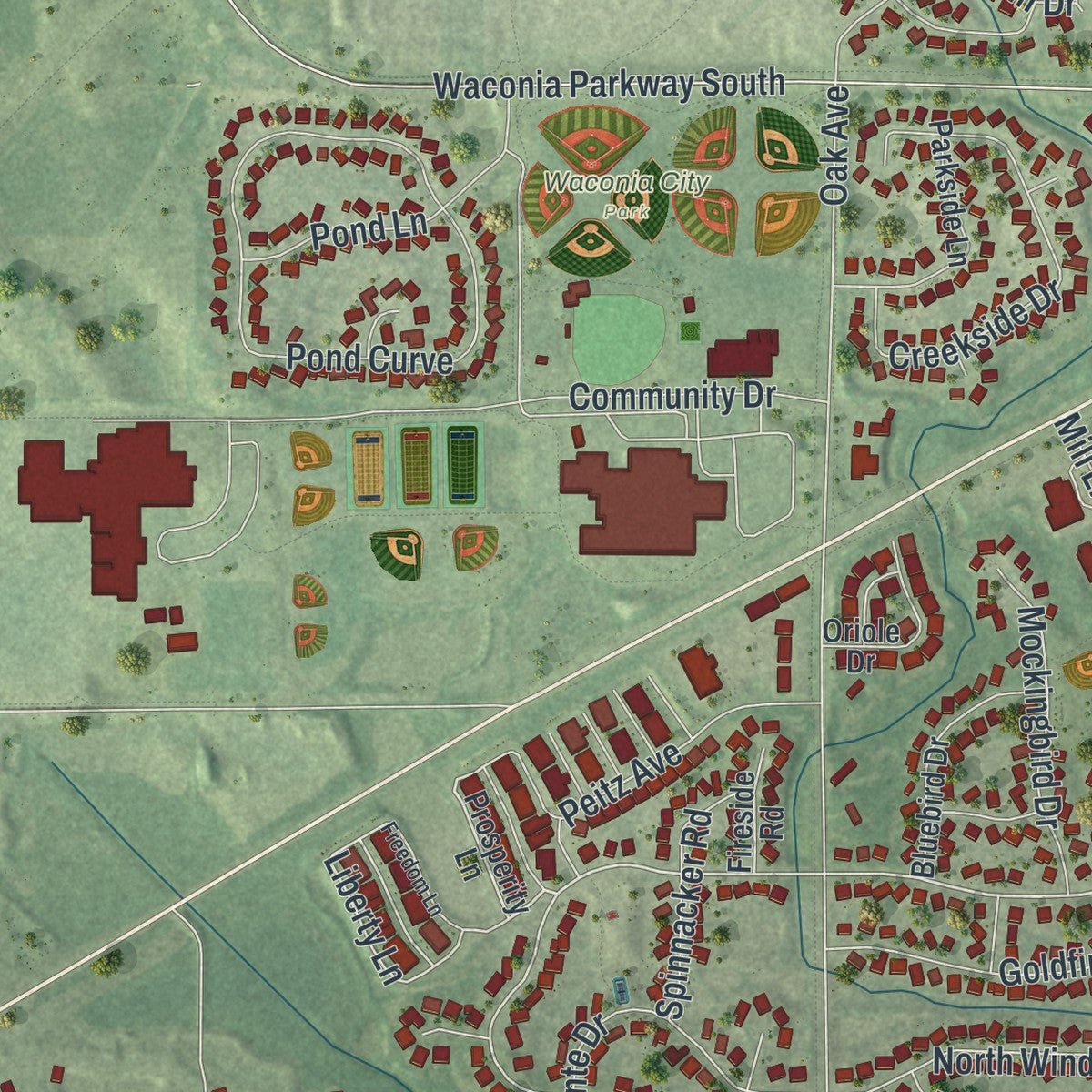 Second close-up of the map of Waconia, Minnesota print showing more streets and buildings