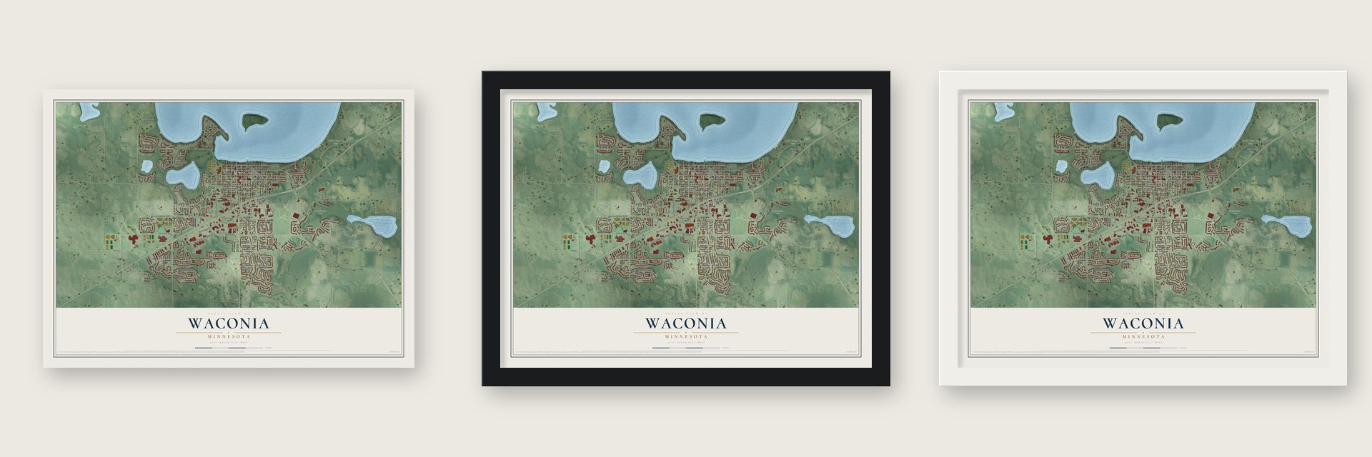 Waconia, Minnesota map unframed, in a black wood frame and in a white wood frame
