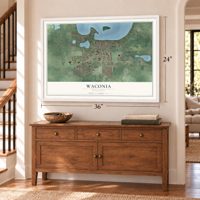 Waconia, Minnesota map, 24 x 36 inch print in a white frame above a dresser by a staircase