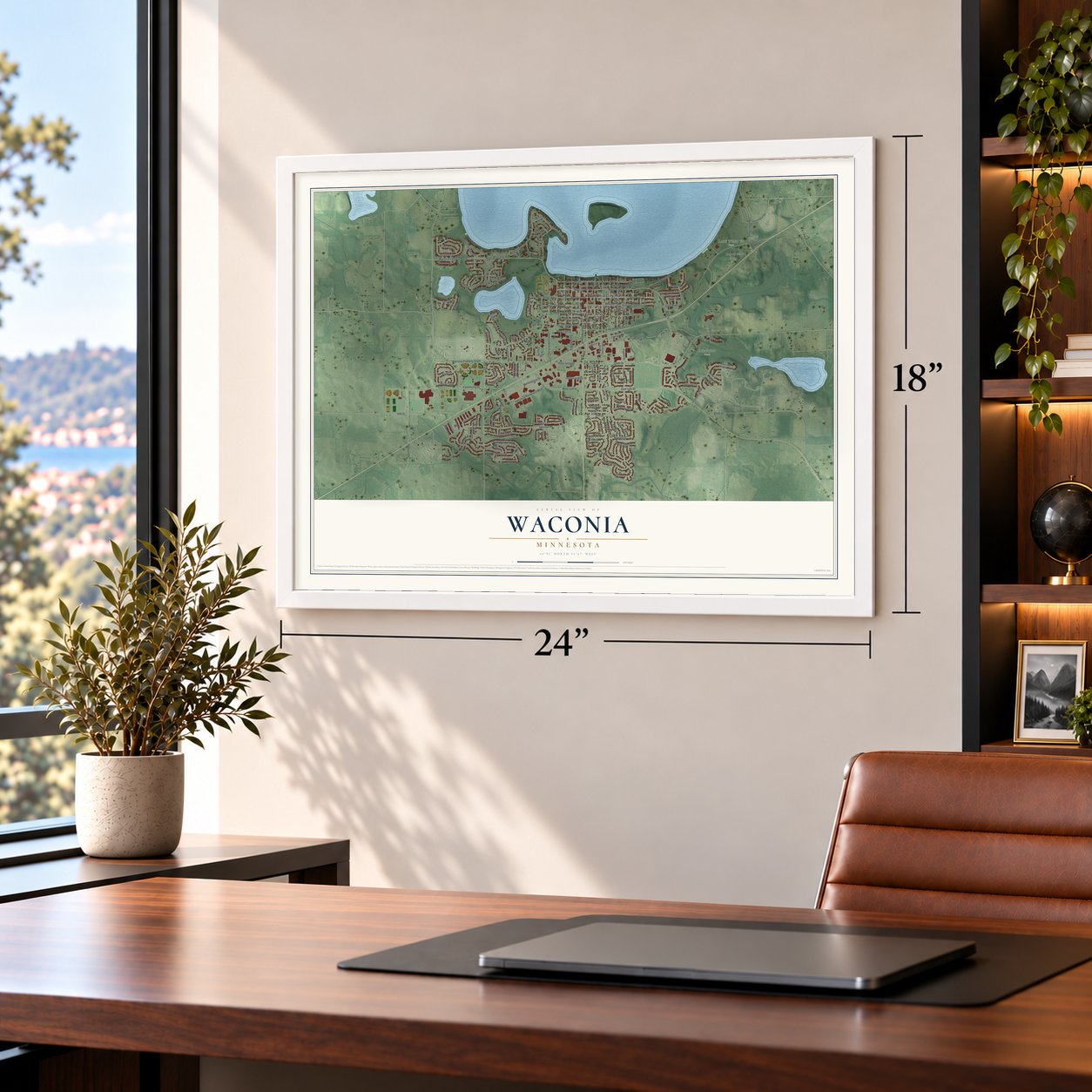 Waconia, Minnesota map, 18 x 24 inch print in a white frame in a home office