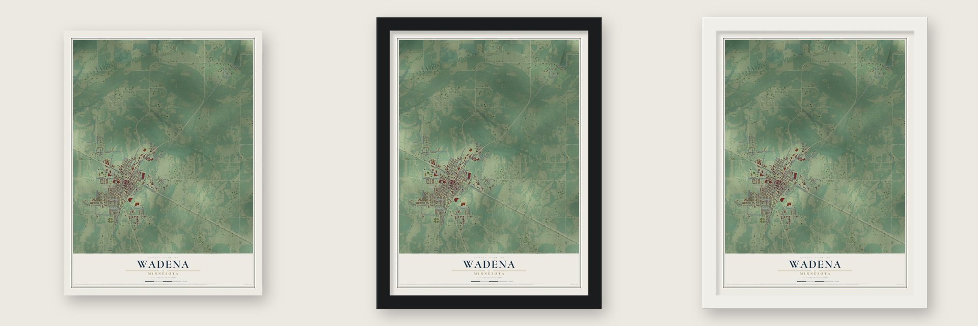 Wadena, Minnesota map unframed, in a black wood frame and in a white wood frame