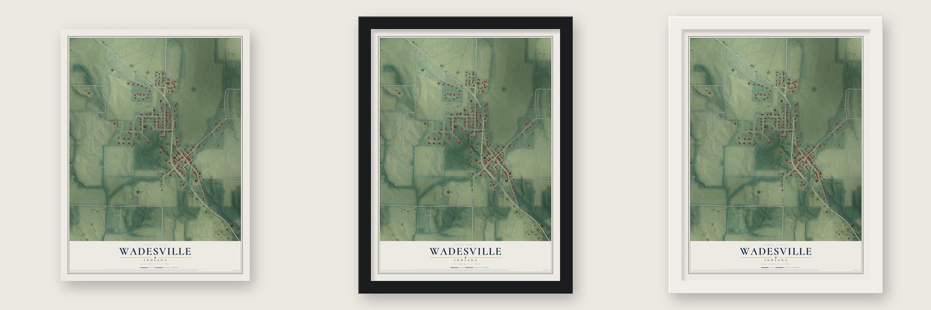 Wadesville, Indiana map unframed, in a black wood frame and in a white wood frame