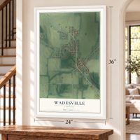 Wadesville, Indiana map, 24 x 36 inch print in a white frame by a staircase