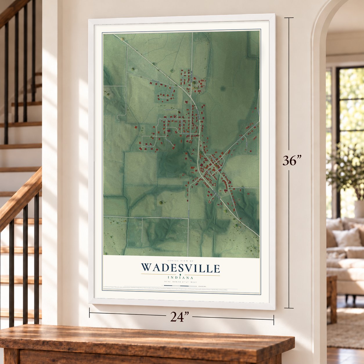 Wadesville, Indiana map, 24 x 36 inch print in a white frame by a staircase