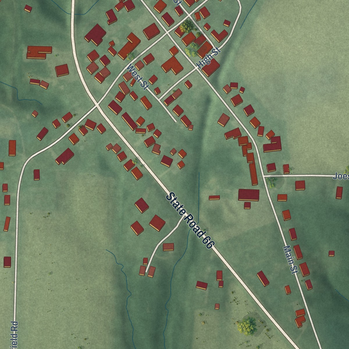 Second close-up of the map of Wadesville, Indiana print showing more streets and buildings